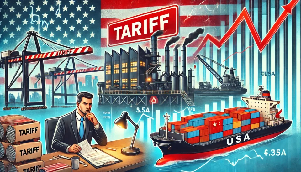 A digital illustration depicting a factory assembly line with a red 'Tariff' warning sign, cargo ships with containers labeled 'China' and 'USA,' a volatile stock market screen, and a concerned businessman reviewing trade documents.