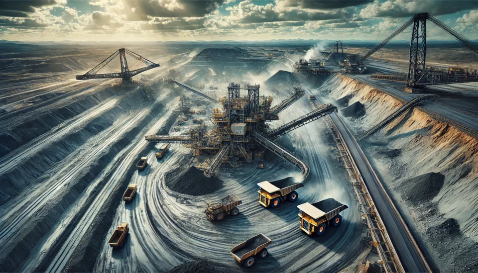 Aerial view of a large-scale coal mine in Australia's Bowen Basin, featuring excavation machinery, trucks, and conveyor belts actively working.