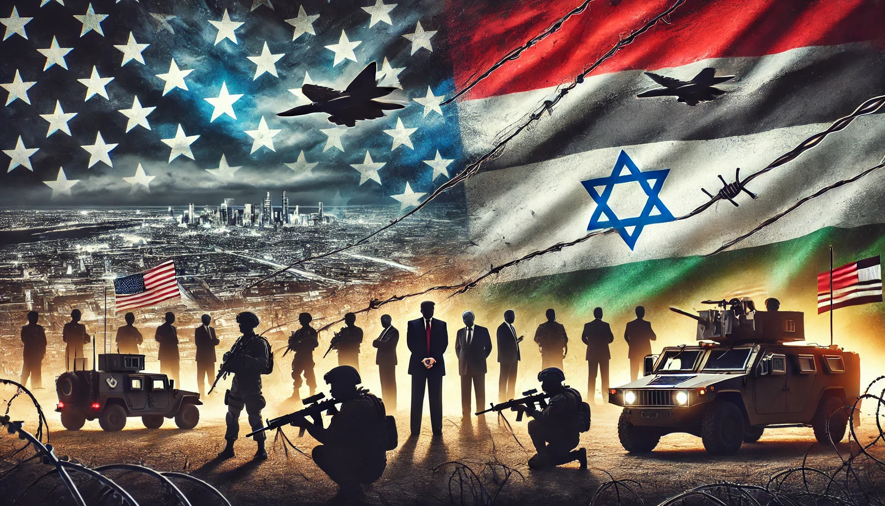 A digital illustration showing a U.S. flag overlaying a map of the Gaza Strip, with barbed wire and military vehicles in the foreground and silhouettes of opposing world leaders in the background.