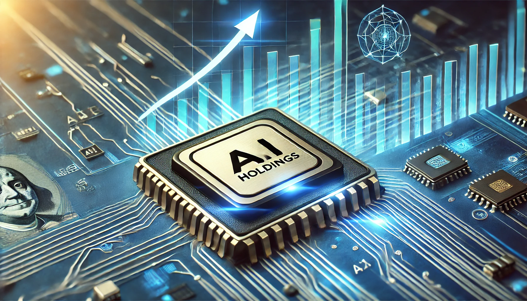 A high-tech financial-themed image featuring a semiconductor chip engraved with 'AI,' a rising stock market graph, and the ARM Holdings logo, set against a digital blue-green background.