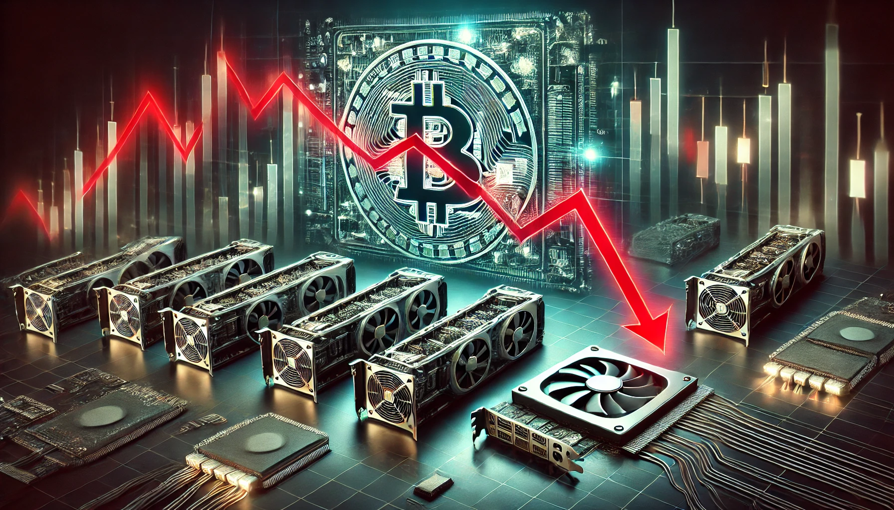 A financial-themed image showing a red downward stock chart overlaying Bitcoin mining rigs and GPU processors, with a subtle AI chip illustration in the background.