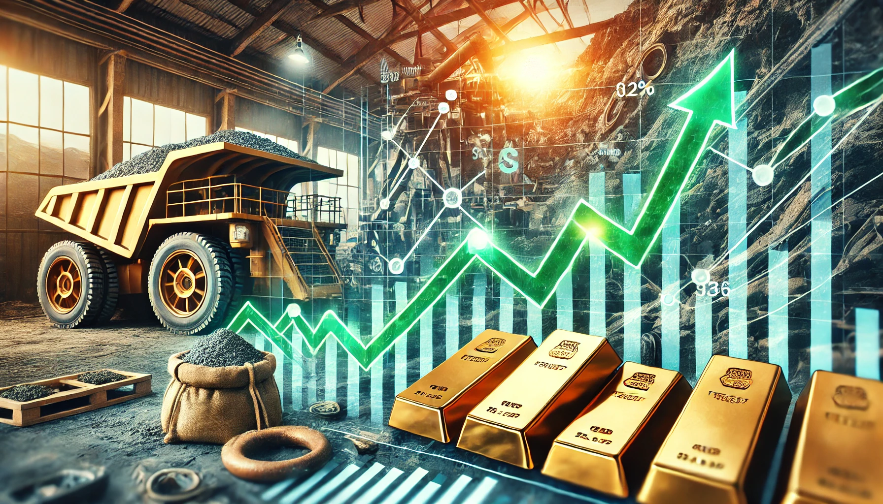 A financial-themed image showing a green upward stock market chart overlaying mining equipment, gold bars, and raw metal ores, symbolizing the rise of mining stocks.