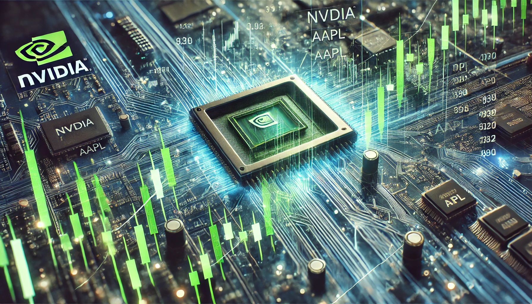 A futuristic stock market chart with green upward-trending candlesticks, overlaid with Nvidia (NVDA) and Apple (AAPL) stock tickers, symbolizing a tech-driven market recovery.