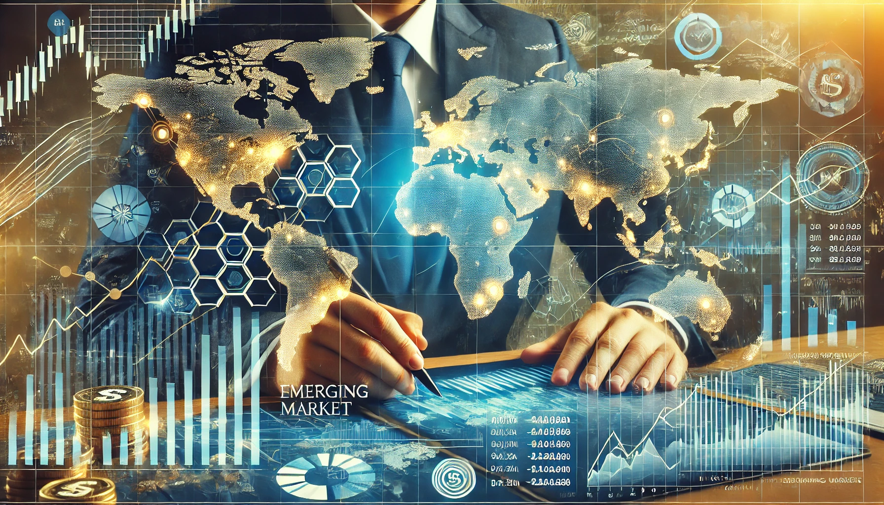 A businessman analyzing global financial data with emerging market countries highlighted on a world map, overlaid with stock market charts and graphs.