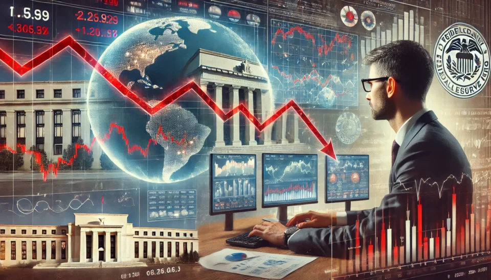 A financial image showing a stock market downturn with red graphs, financial data screens, and a concerned investor analyzing market trends. The background subtly features the US Federal Reserve building.