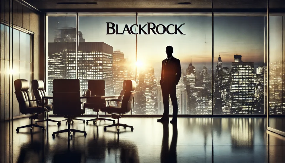 A corporate office with a silhouetted business leader standing before a large window overlooking a city skyline at dusk, symbolizing BlackRock’s leadership succession uncertainty.