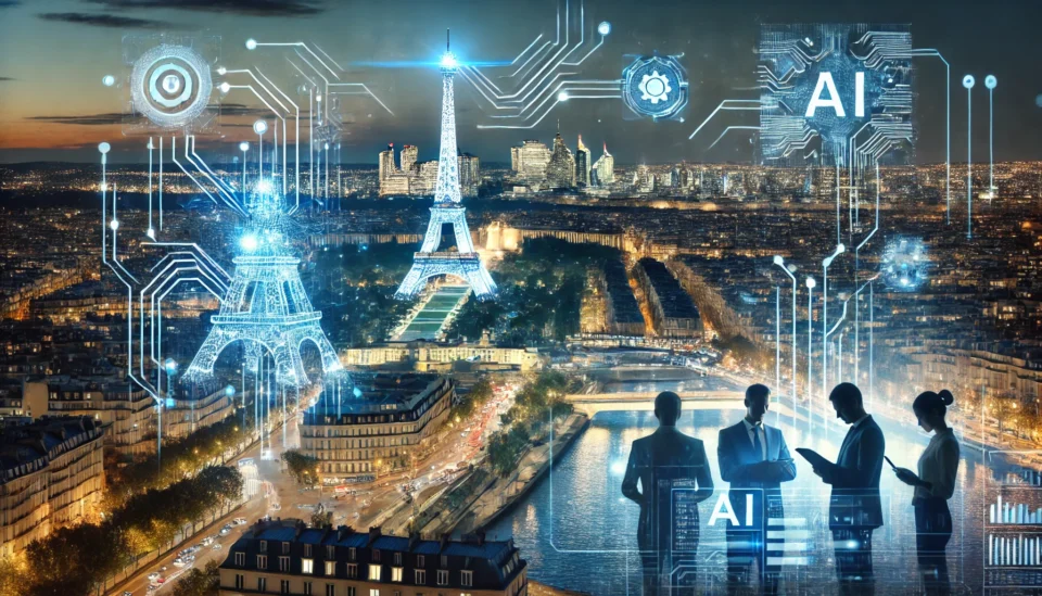 A futuristic cityscape in France with AI-driven holograms, digital networks, and investors analyzing AI market trends.