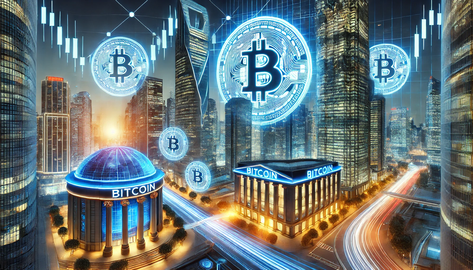 A high-tech financial district with glowing Bitcoin symbols on skyscrapers, representing the integration of cryptocurrency in corporate finance.