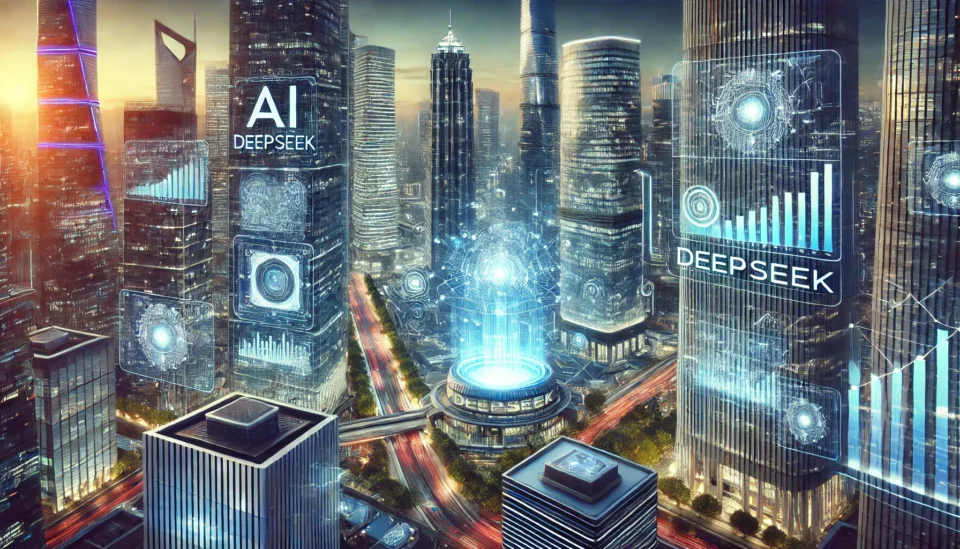 A high-tech financial district featuring towering skyscrapers, digital AI graphics, and investors analyzing stock market data on transparent screens.