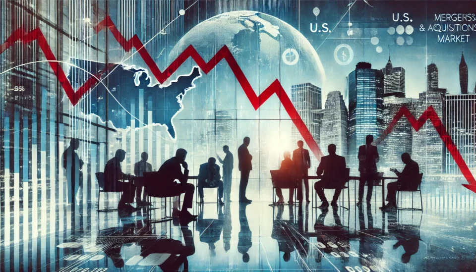 A financial-themed image showing a declining stock market graph, business silhouettes, and a city skyline, representing the downturn in U.S. mergers and acquisitions.