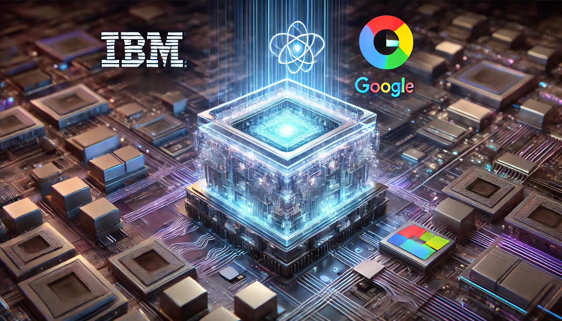 A futuristic quantum processor with glowing circuits and a digital interface, symbolizing the collaboration between IBM, Google, and Microsoft.