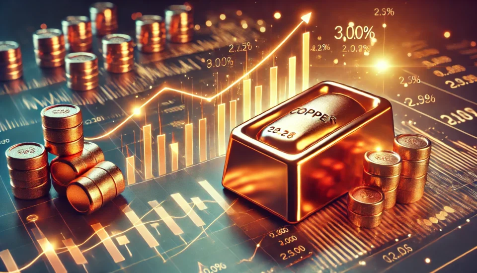 A glowing copper ingot placed over a rising stock market chart with financial graphs in the background, symbolizing the surge in copper prices.