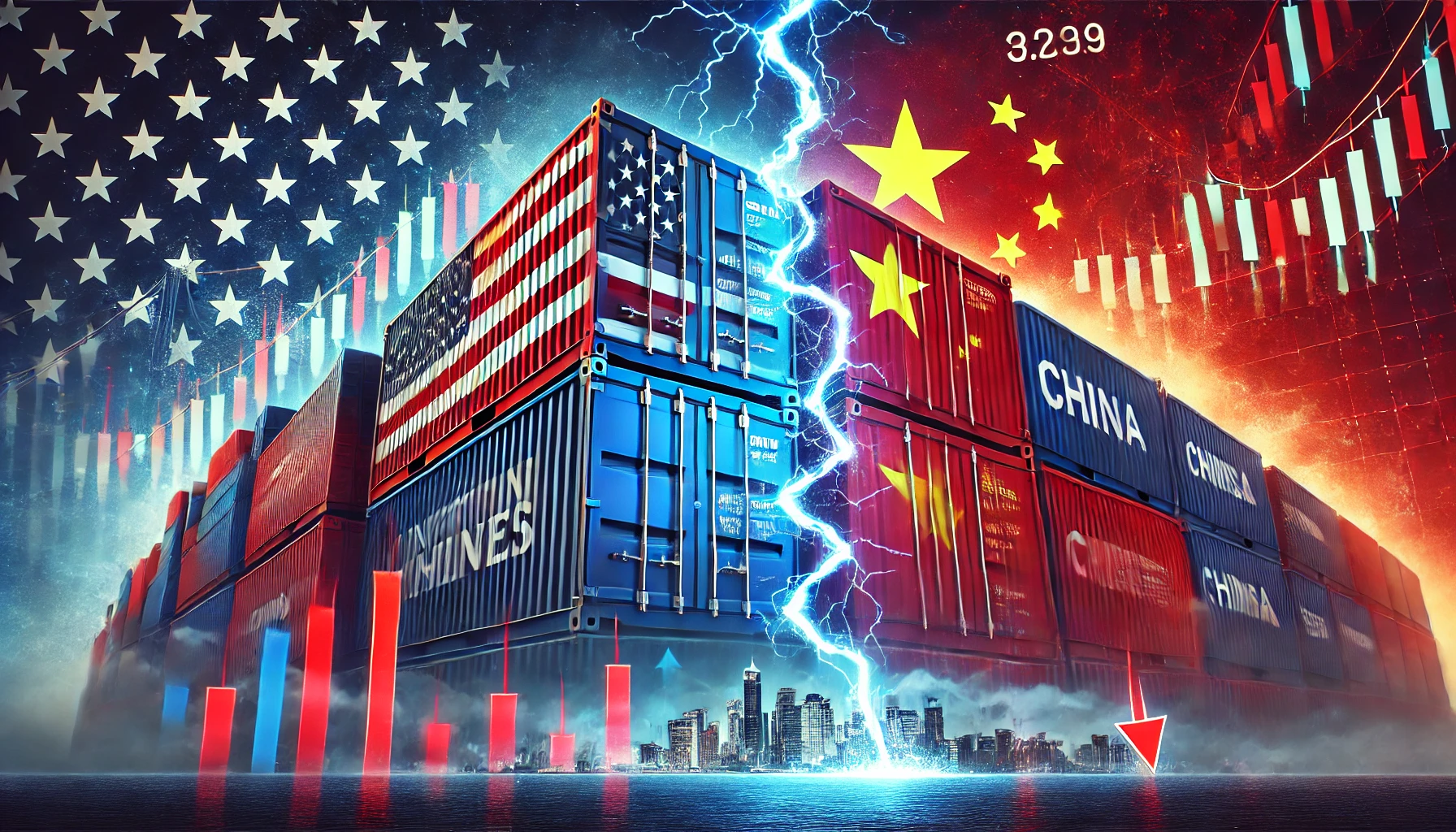 Illustration of U.S.-China trade war showing shipping containers with American and Chinese flags, a lightning bolt between them, and a financial graph with downward-trending red arrows.