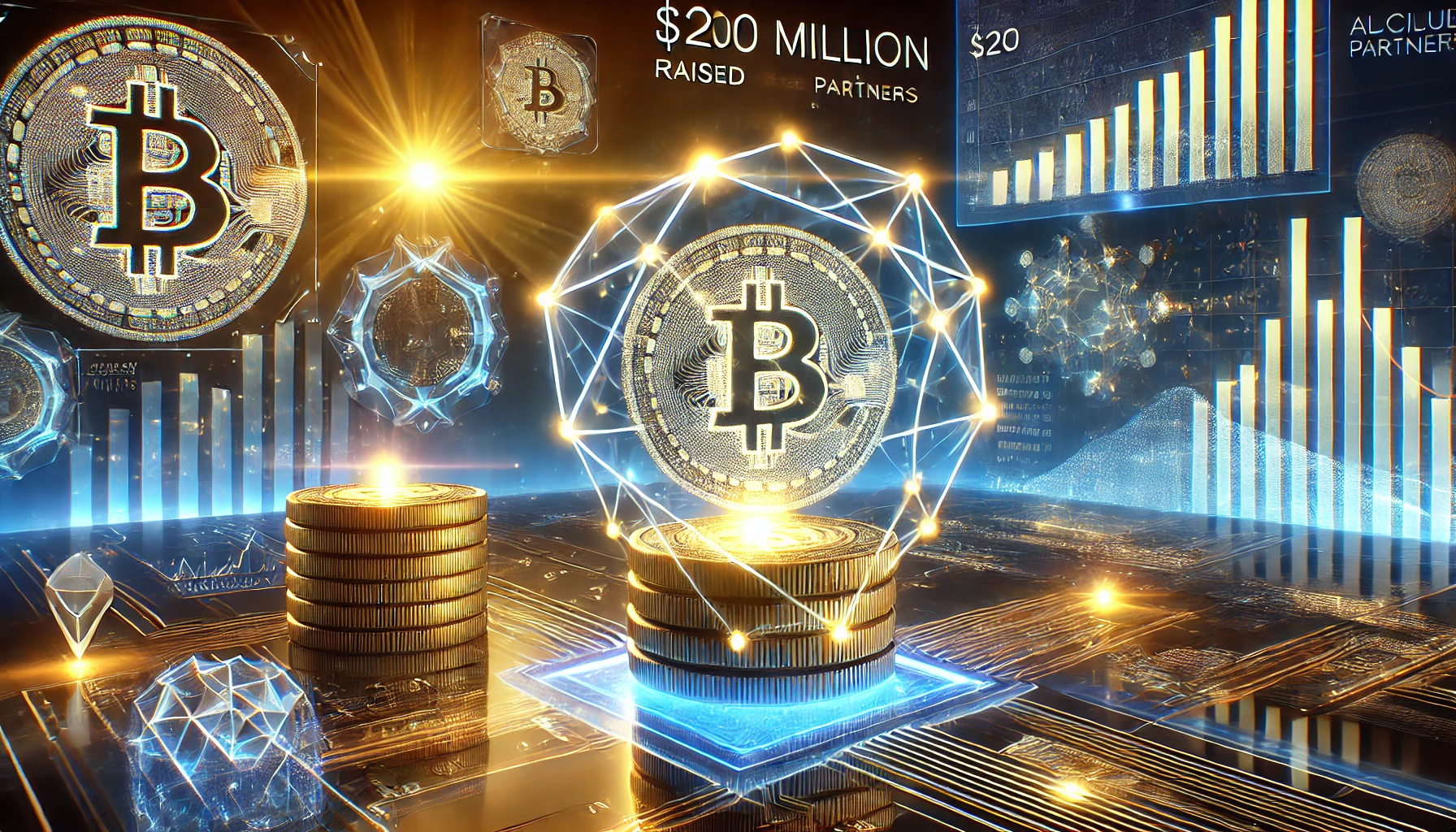 A futuristic investment scene featuring a glowing blockchain network, illuminated coin stacks, and holographic financial charts symbolizing Accolade Partners' $202 million blockchain fund.