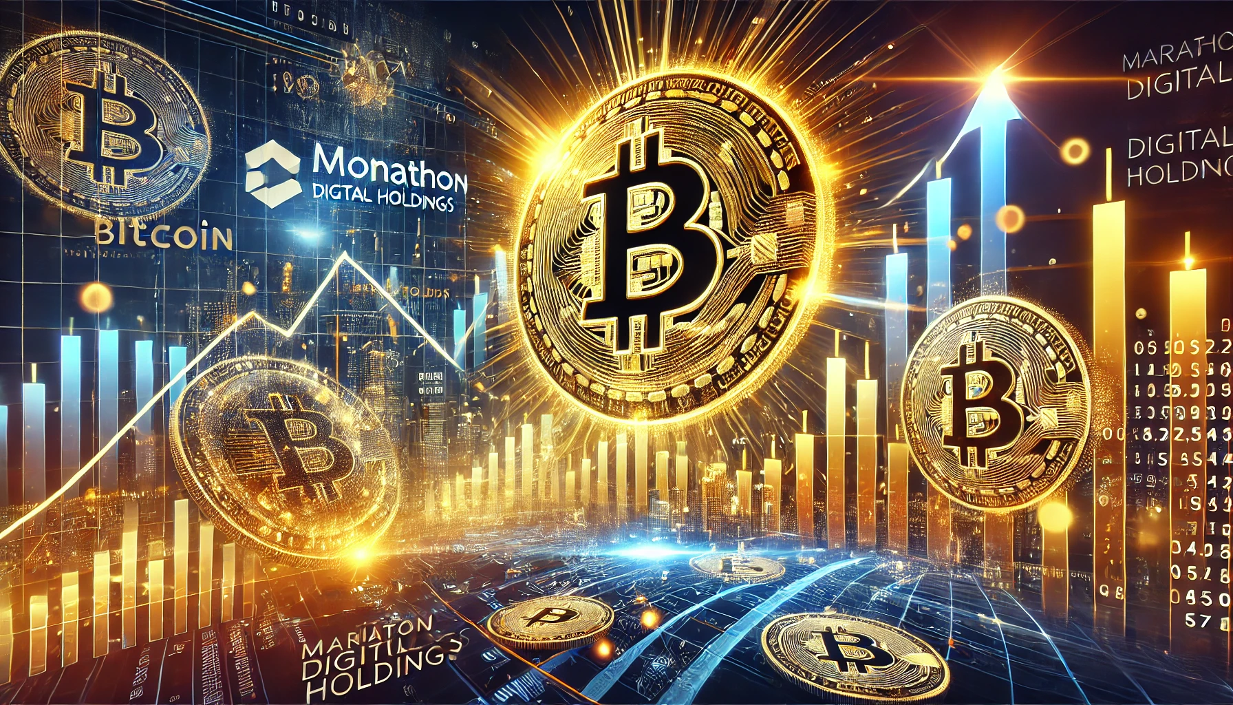 Digital financial graph showing an upward trend with a glowing Bitcoin symbol and blockchain patterns.