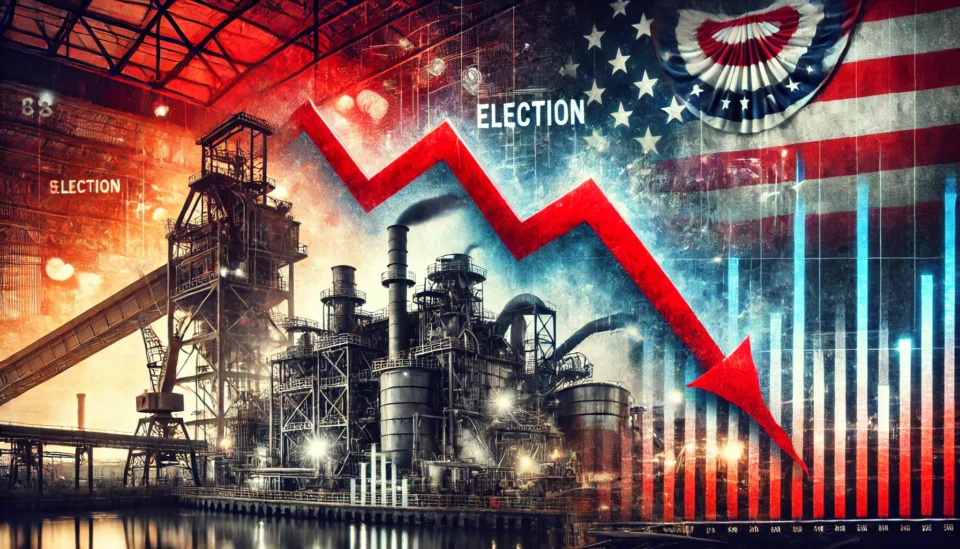 A stock market graph showing a sharp decline with a red downward trend line over an industrial metal factory, symbolizing political and financial turmoil.