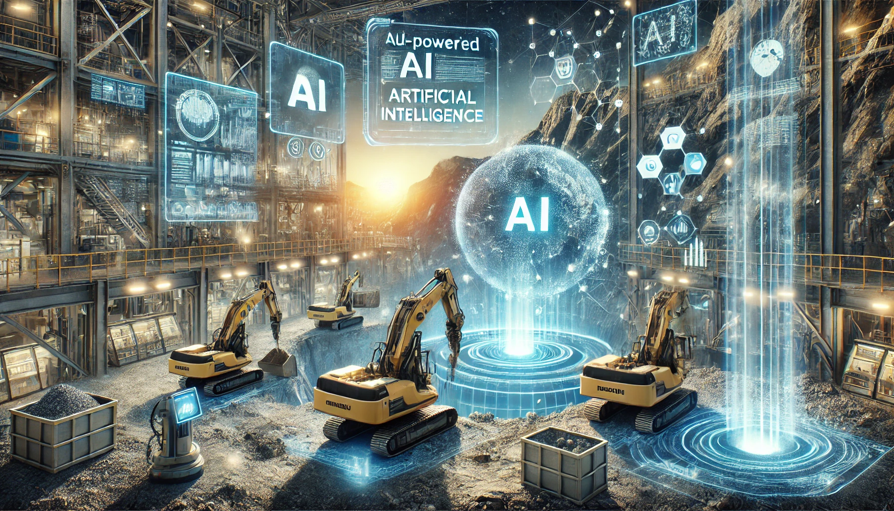 A futuristic mining operation with AI-powered drilling machines, robotic arms, and large digital screens displaying geological data and predictive analytics.