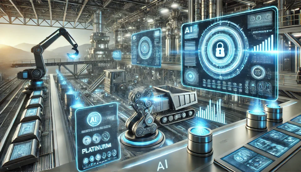 A futuristic mining operation with AI-driven robotic equipment, automated machinery, and digital analytics screens displaying data on platinum, palladium, and silver extraction.