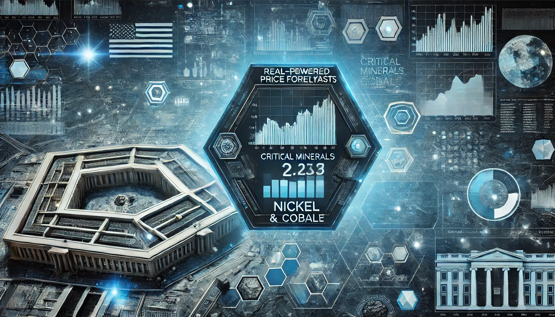 A futuristic AI interface analyzing real-time price forecasts for critical minerals like nickel and cobalt, set against a Pentagon-themed background.