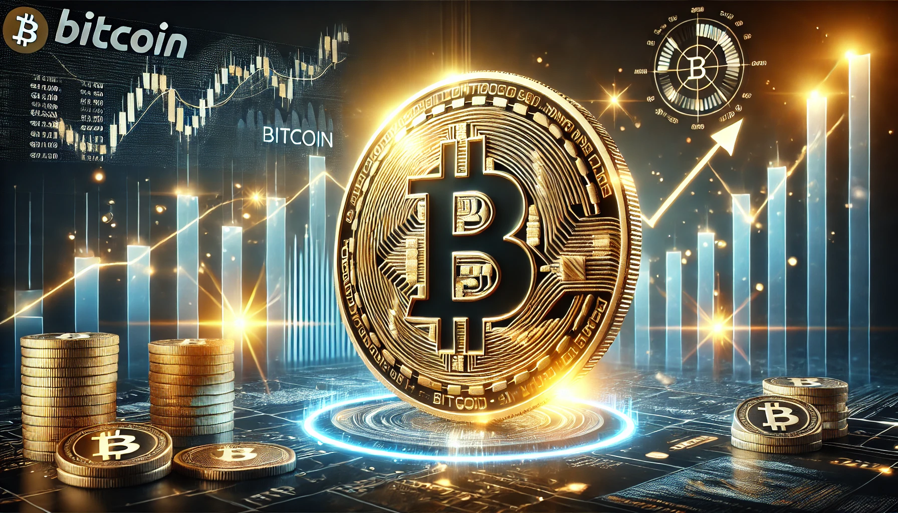 A glowing Bitcoin coin set against a background of financial market charts and rising stock graphs, symbolizing Bitcoin’s historic surge past $100,000.