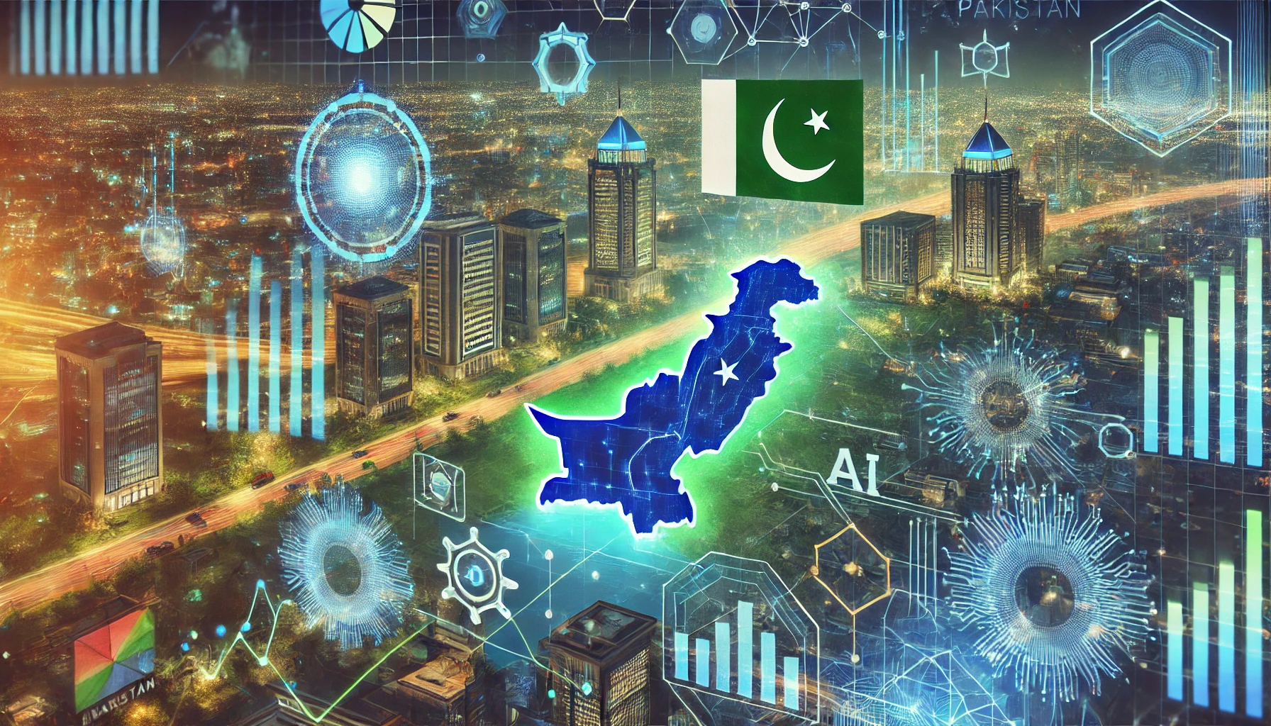 Illustration of Pakistan's economic growth through blockchain and AI with digital nodes, circuits, and financial graphs.