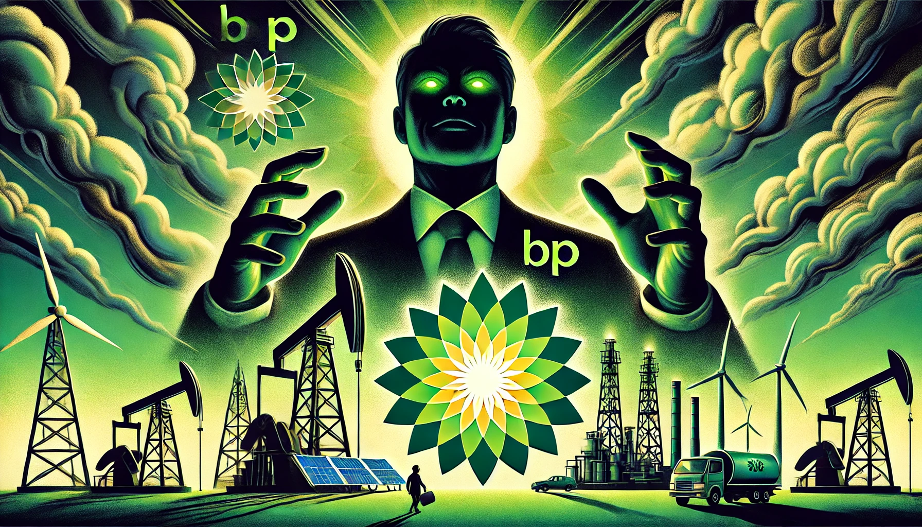 Illustration of the BP logo overshadowed by an investor's figure, with oil rigs on one side and wind turbines on the other, symbolizing the debate between fossil fuels and renewable energy.