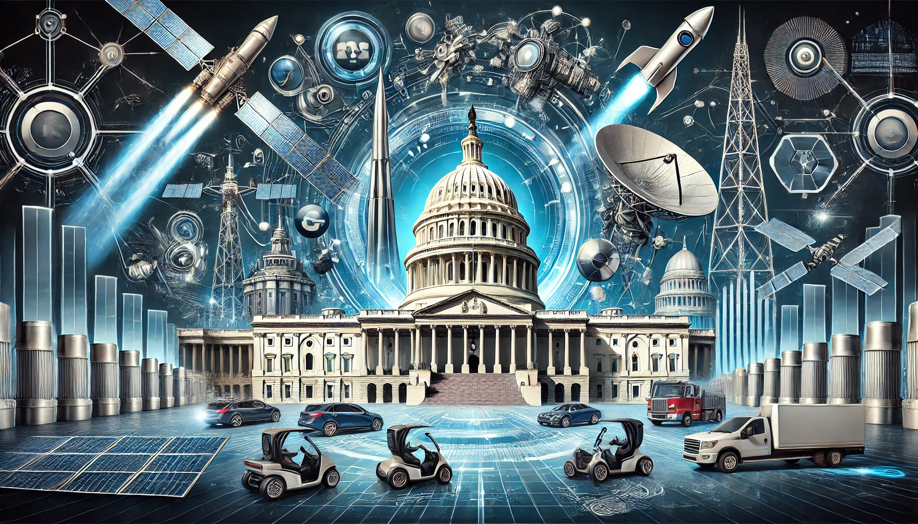 Illustration of the U.S. Capitol surrounded by futuristic technology symbols, including satellites, rockets, electric vehicles, and digital networks, symbolizing tech's growing influence on government operations.