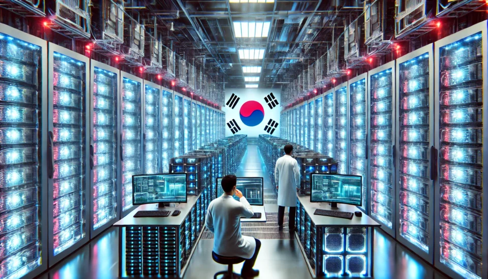 A futuristic data center with high-performance GPU servers glowing in blue and red LED lights, with engineers monitoring AI systems. A subtle South Korean flag is in the background.