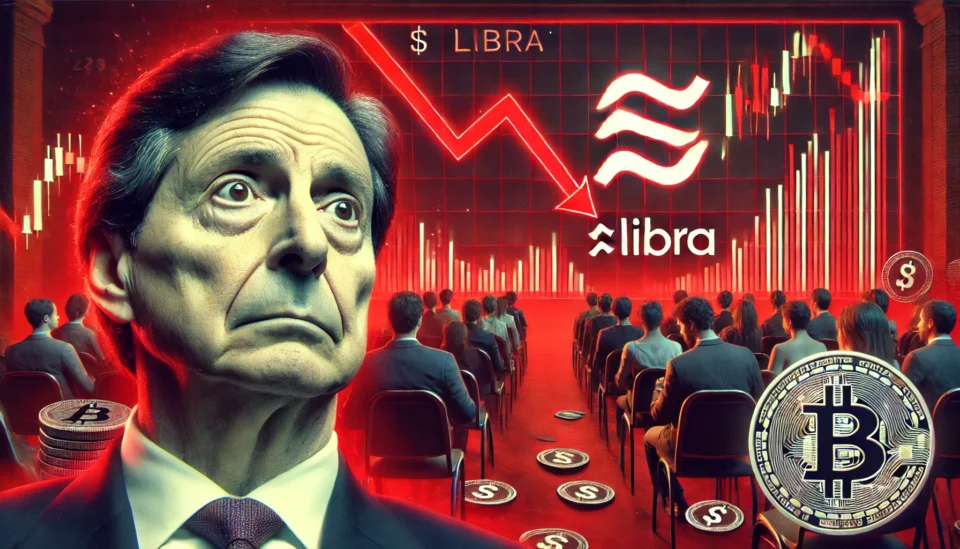 A dramatic scene showing a cryptocurrency market crash with red declining charts, a concerned Javier Milei in the foreground, and a fading $LIBRA logo symbolizing financial turmoil.