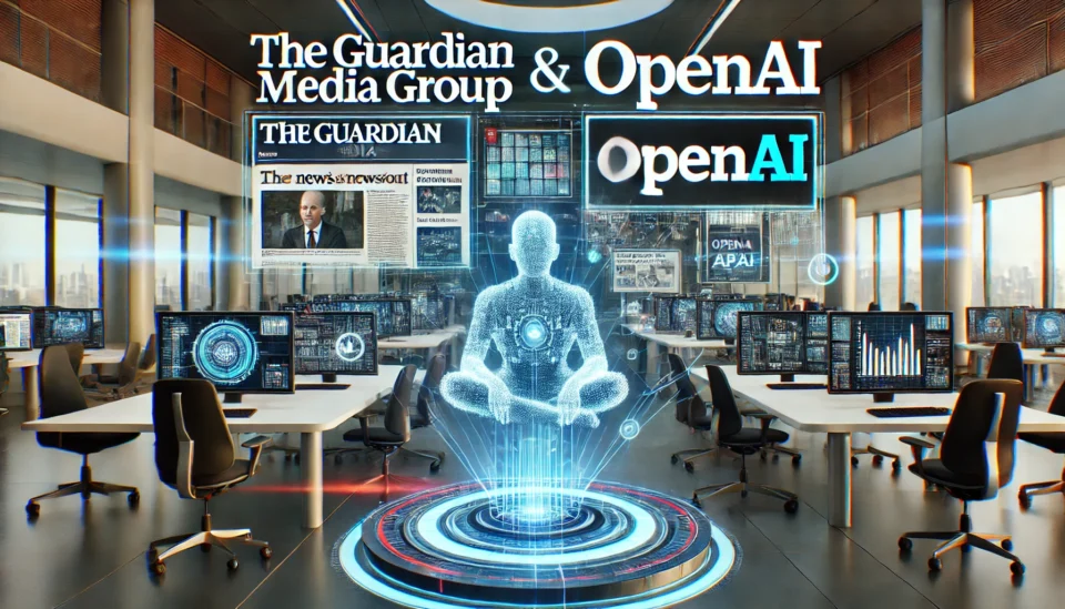 A futuristic digital newsroom with AI-powered screens displaying news articles and financial data, featuring a holographic interface merging the Guardian Media Group and OpenAI logos.