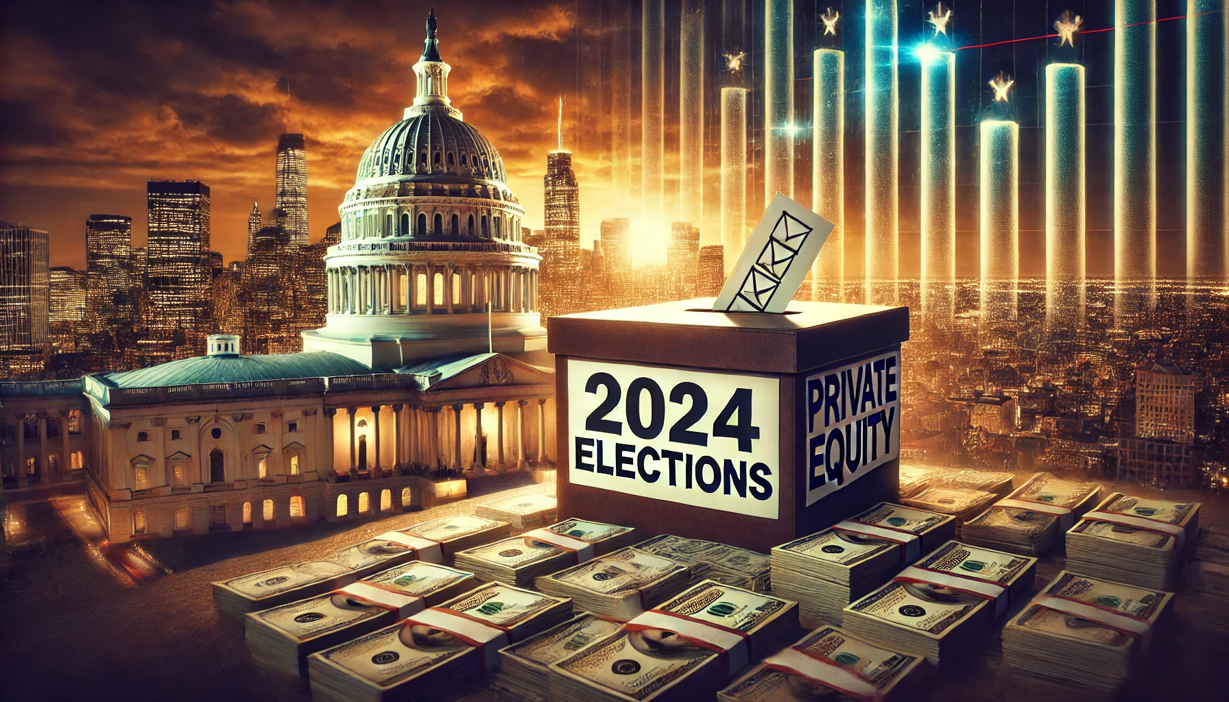 A dramatic composite image showing a financial district skyline merging into the U.S. Capitol, with a ballot box labeled "2024 Elections" surrounded by stacks of cash.