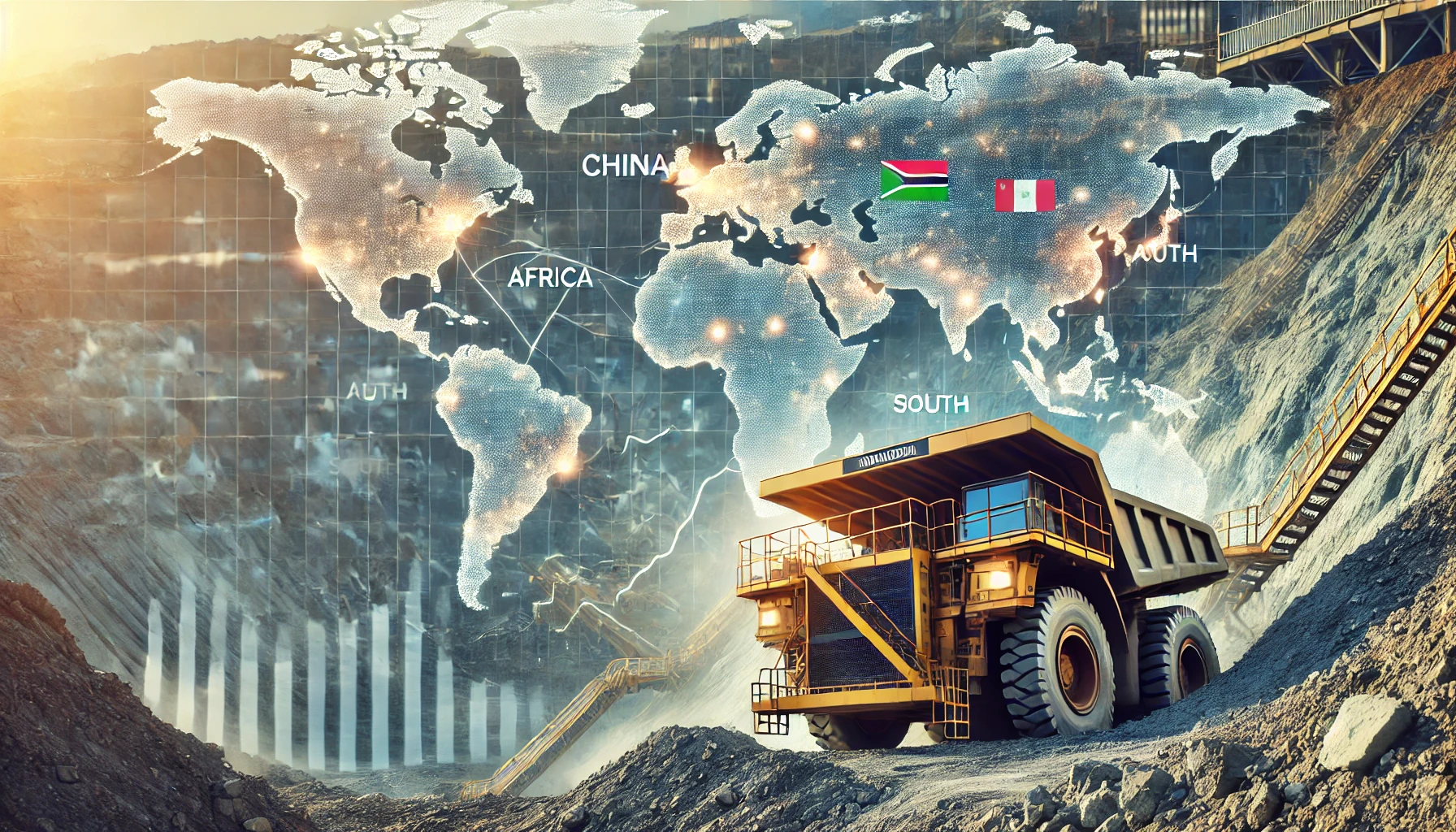 An open-pit mining operation with large excavation machinery and a world map highlighting key mining regions such as China, Africa, and South America.