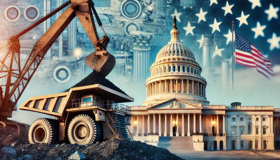 A large mining operation with heavy excavation equipment extracting minerals, with the U.S. Capitol building in the background, symbolizing government influence on resource security.