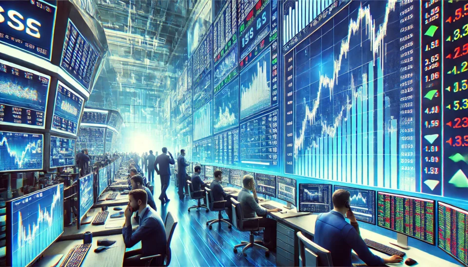 A busy stock market trading floor with large digital screens displaying rising stock prices and financial charts.