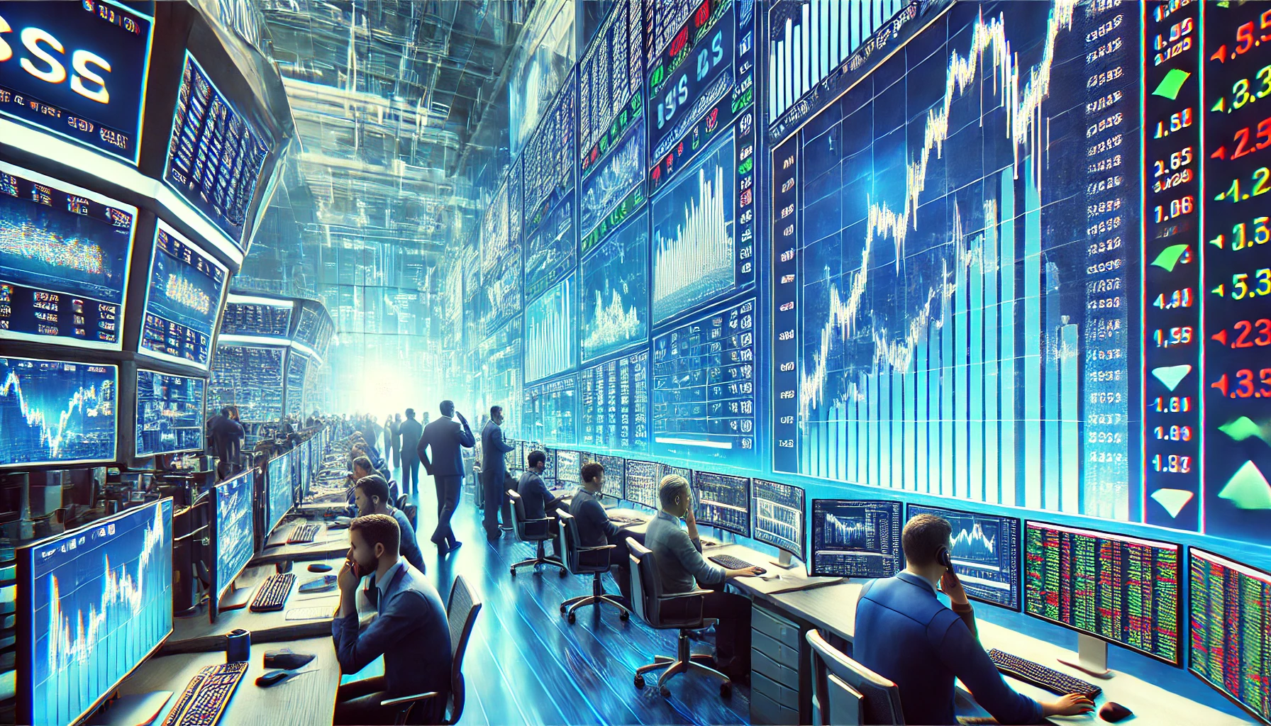 A busy stock market trading floor with large digital screens displaying rising stock prices and financial charts.