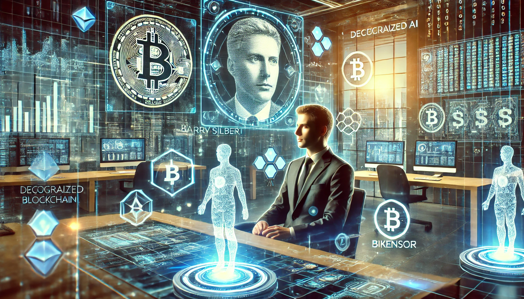 A futuristic digital environment featuring blockchain networks, AI-driven data analytics, and the Bittensor logo, symbolizing innovation in decentralized AI and cryptocurrency.