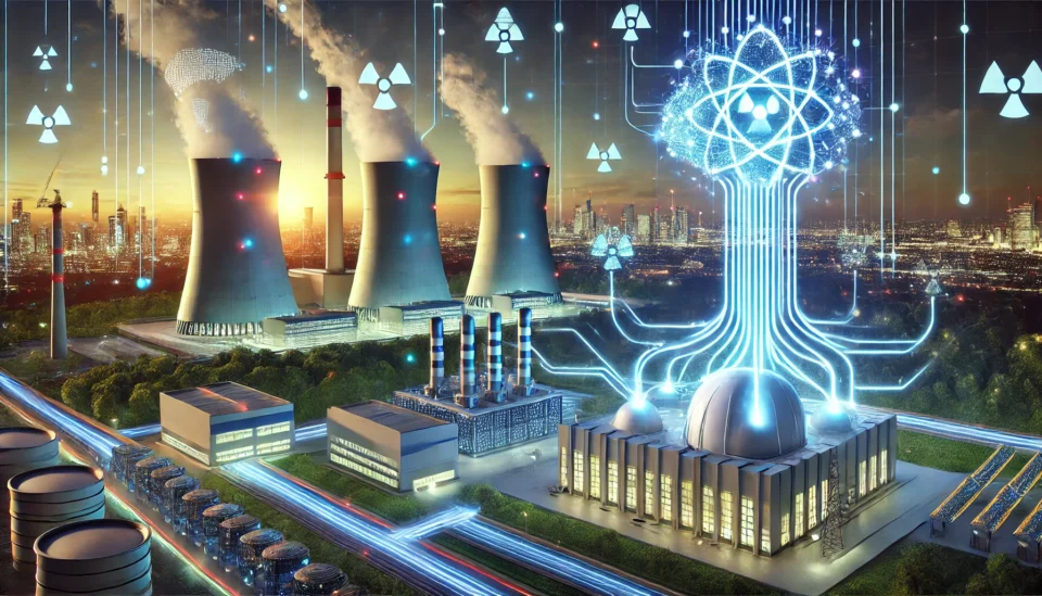 A futuristic landscape featuring a nuclear power plant with AI-themed data streams connecting to a modern data center, symbolizing the intersection of artificial intelligence and clean energy.