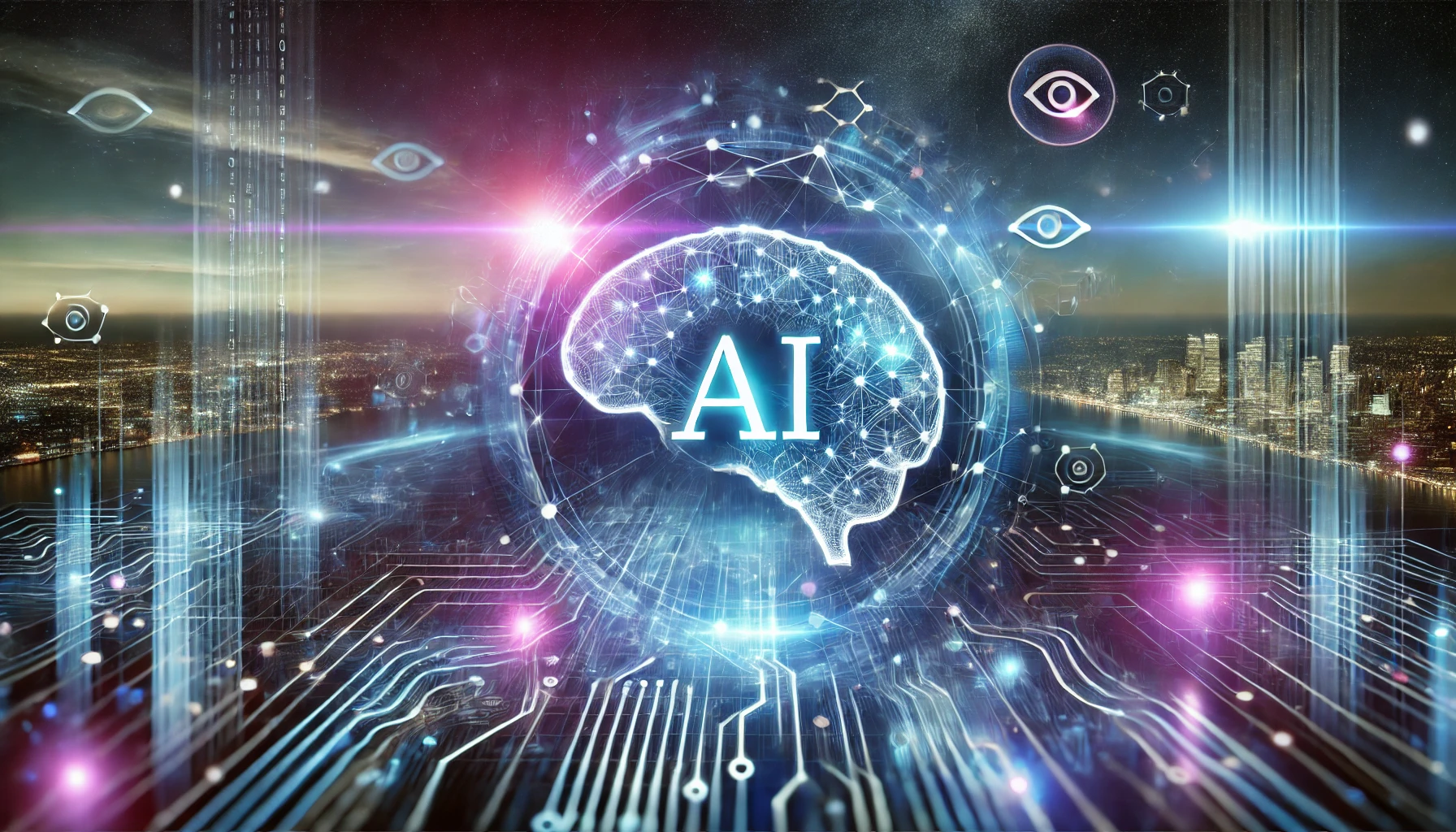 A futuristic digital illustration showcasing an abstract AI interface with holographic data streams and neural network connections, symbolizing innovation and competition in artificial intelligence.