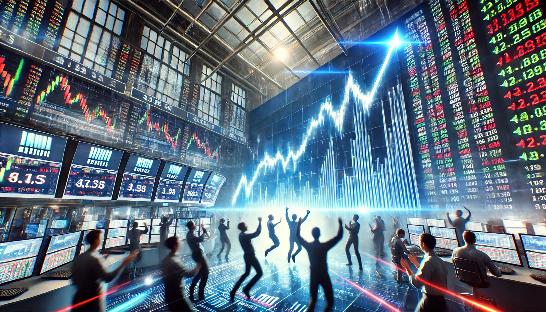 A high-tech stock market trading floor with digital screens displaying the S&P 500 index at a record high, traders celebrating, and financial graphs showing an upward trend.