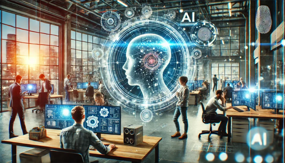 A futuristic tech startup office with holographic displays showcasing artificial intelligence models, engineers analyzing AI data, and a dynamic atmosphere symbolizing innovation.