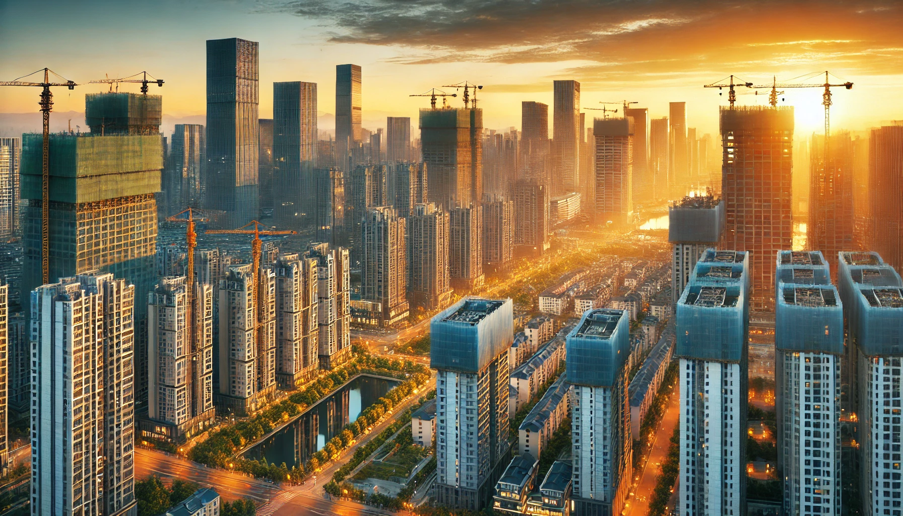 A modern cityscape of China with high-rise buildings, a financial district, and construction cranes under a golden sunset.