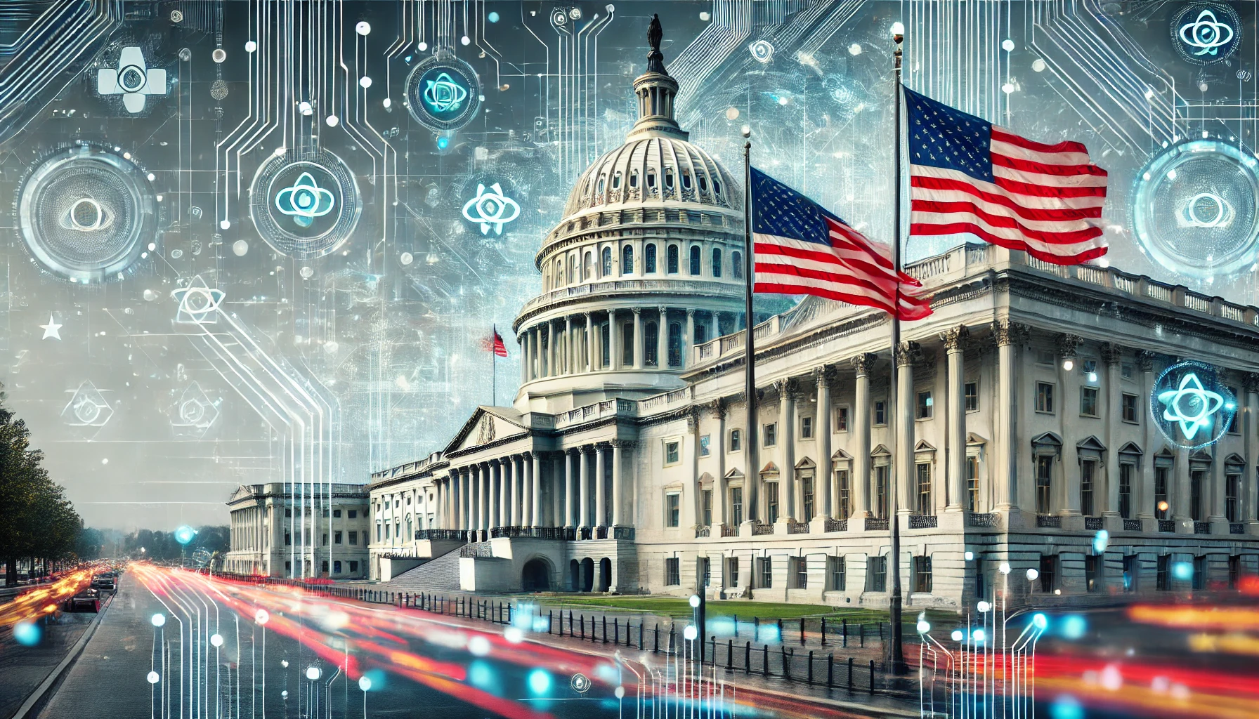 A modern government building in Washington, D.C., with American flags and a digital network overlay representing AI policy decisions.