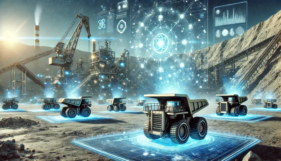 A high-tech mining operation featuring AI-driven robotic machinery extracting minerals with holographic data displays.