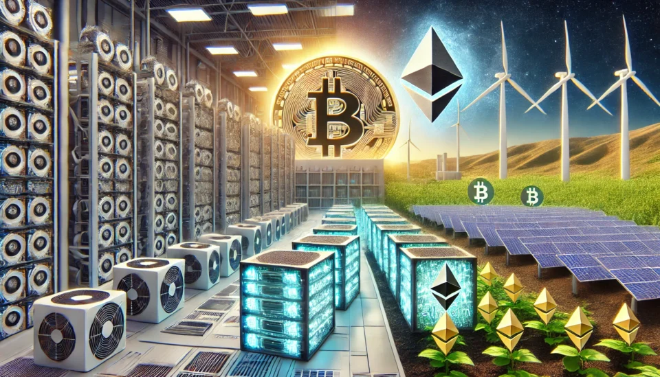 A futuristic mining facility contrasting Bitcoin's high energy consumption with Ethereum and Dogecoin's eco-friendly, renewable-powered solutions.