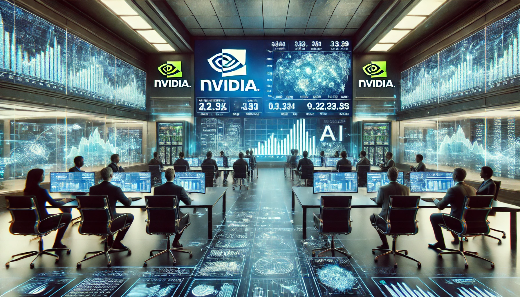 A high-tech financial newsroom with investors analyzing Nvidia’s earnings report on a digital screen displaying stock performance and AI market trends.