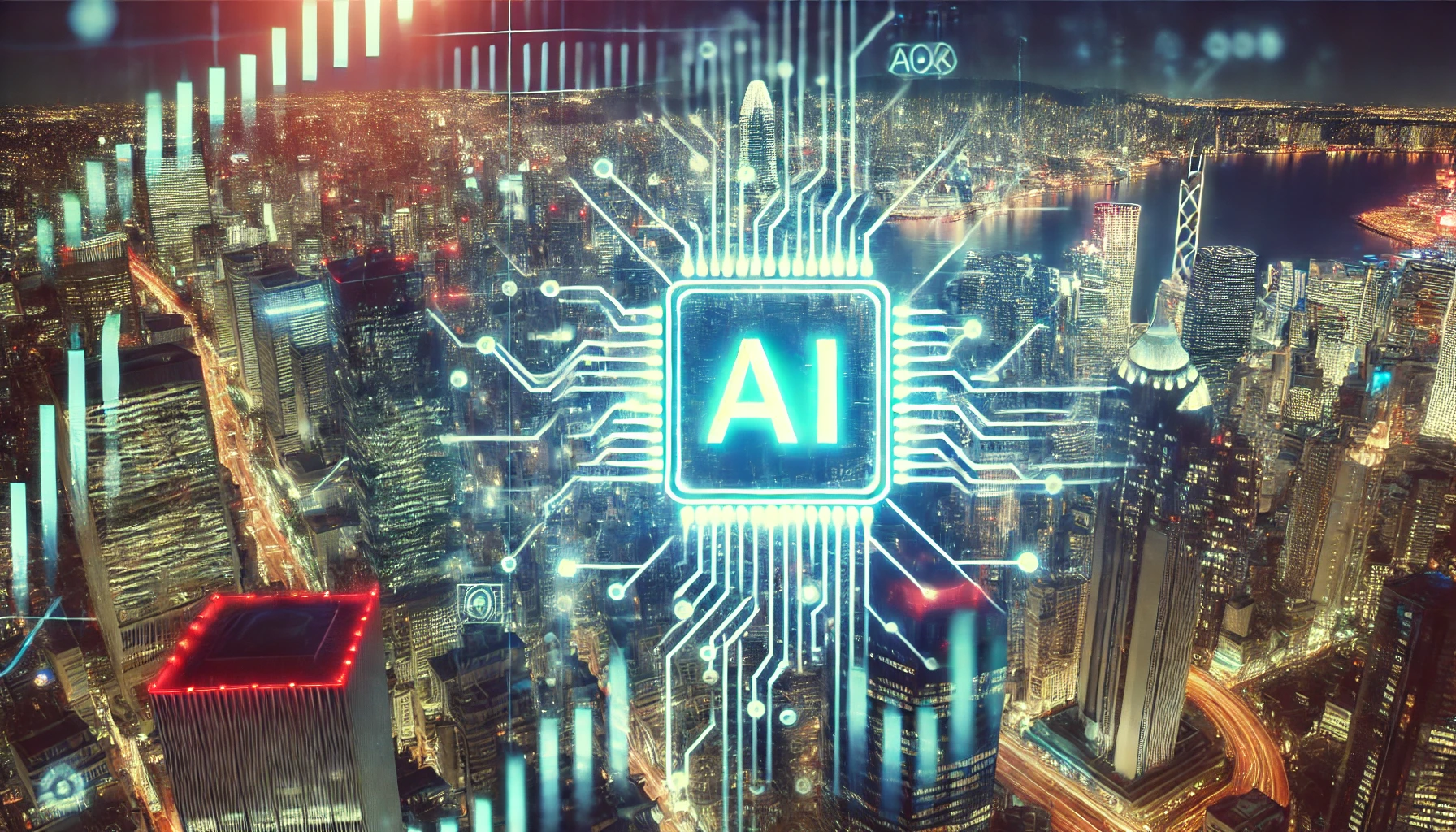 A futuristic cityscape with a glowing AI circuit board overlay, symbolizing the rise of artificial intelligence and its financial implications.