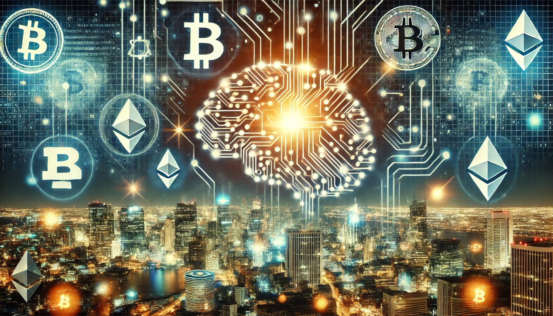 A futuristic digital landscape featuring AI brain circuits integrated with a glowing blockchain network, symbolizing the convergence of artificial intelligence and cryptocurrency.