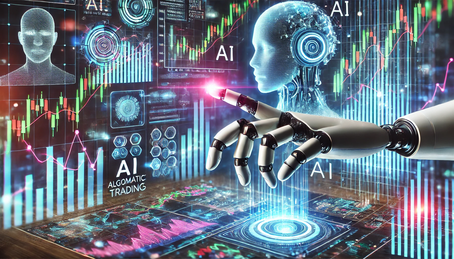 A futuristic financial trading floor featuring holographic AI graphs, data streams, and a robotic hand interacting with digital stock charts, representing AI-driven investment strategies.