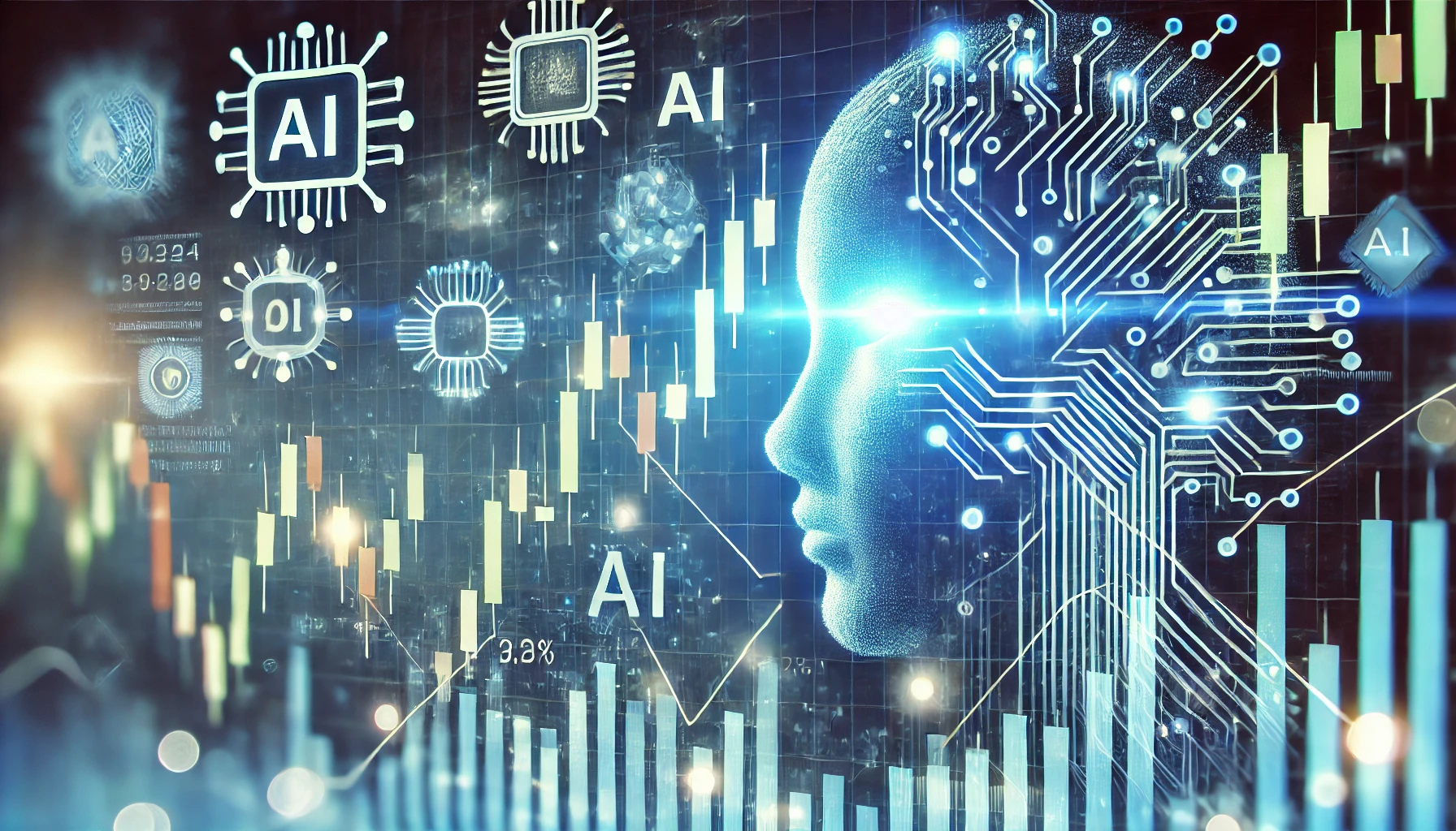 A digital stock market chart with AI technology elements, including glowing neural network connections and financial indicators.