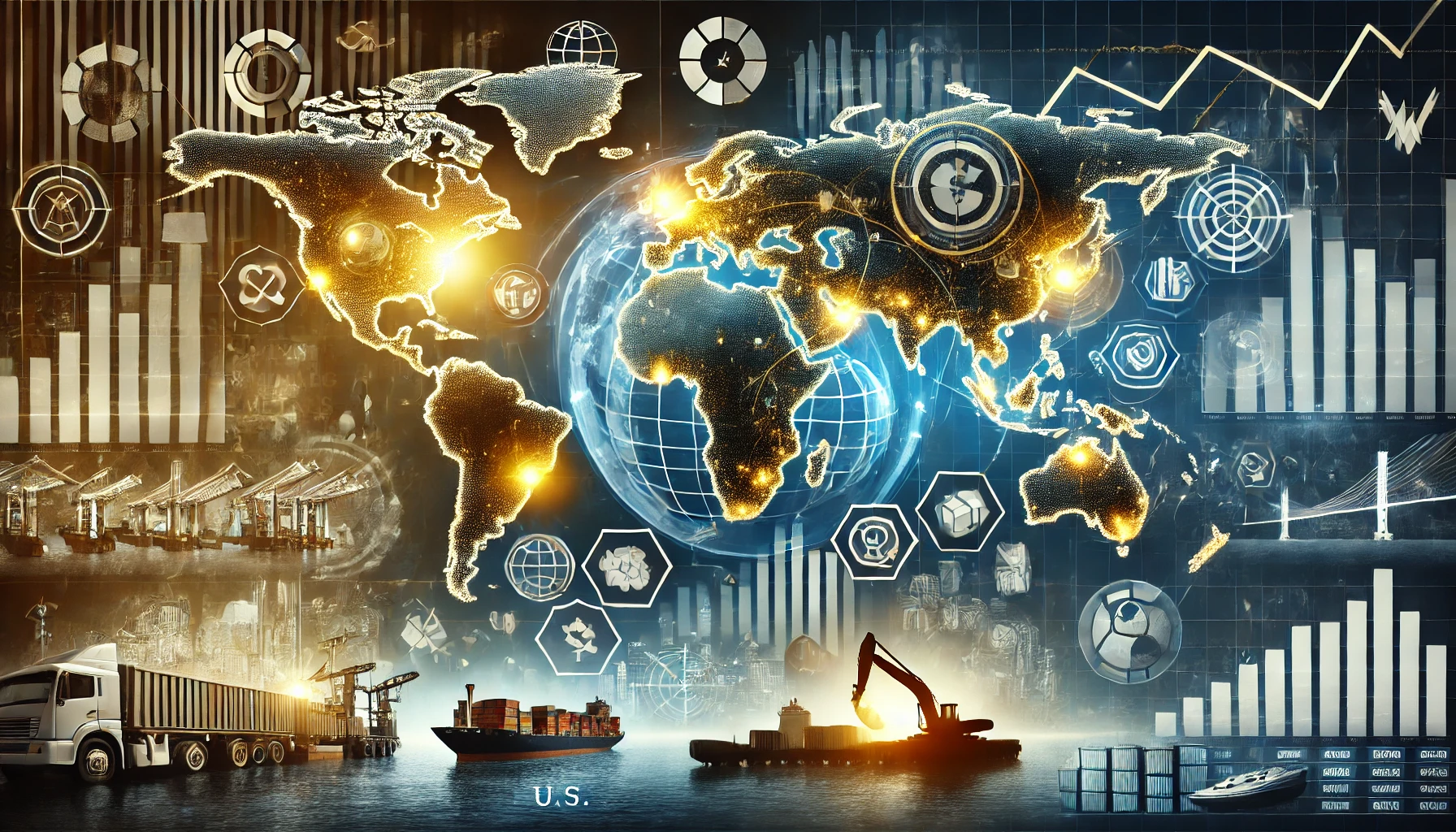 A world map highlighting key mining regions with trade routes, national flags, and stock market fluctuations, symbolizing geopolitical impacts on the mining and metals industry.